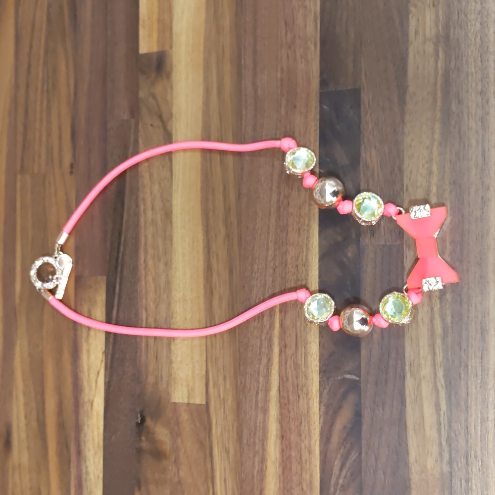 Marc Jacobs hot pink bow rose gold yellow rhinestone cord necklace